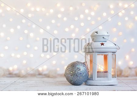 White Lantern With Candle And Silver Ball - Christmas Decoration