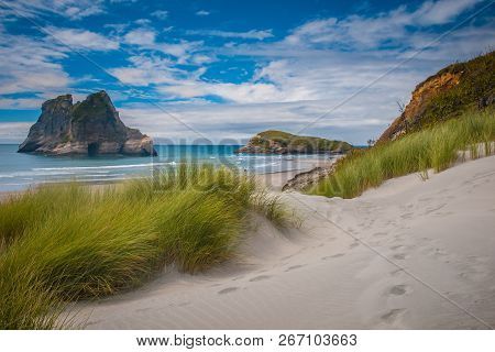 Inviting Path Through Sand Dunes And Grass Vegetation At Famous Wharariki Beach, South Island New Ze
