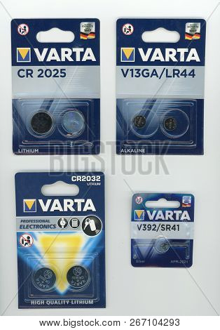 Berlin, Germany - Circa November 2018: Varta Cr2025, Cr2032, V13ga, Lr44, V392, Sr41 Lithium Batteri