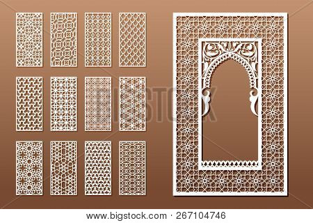 A Set Of Arabic Window Templates And 12 Privacy Panels For Laser Cutting. Design In Oriental Traditi