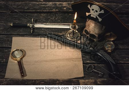 Pirate Treasure Map With Copy Space, Pirate Captain Hat, Compass, Magnifying Glass, Human Skull, Mus