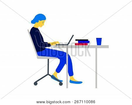 Freelance Girl Illustration Sitting In Front Of Laptop At Table