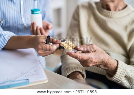 An Unrecognizable Health Visitor Explaining A Senior Woman In Wheelchair How To Take Pills.
