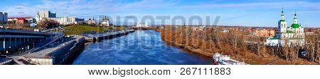 Tyumen, Russia - November 03, 2018: Panoramic shot of the Tura river which flows eastward from the central Ural Mountains into the Tobol River