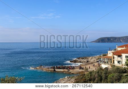 Kardamyli Greece 1-6-2018 View Of The Epiphany Ceremony After The Priest Has Thrown The Cross In The