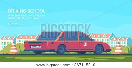 Driving School. Practical Testing Of Maneuvers And Exercises To Improve Driving Skills. Flat Vector 