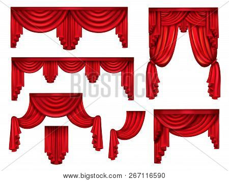 Stage Red Curtains, Victorian Silk Drapes With Crinkles Realistic Vector Set Isolated On White Backg
