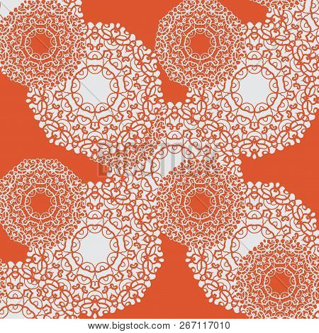 Hand Drawn Seamless Ornament In Orange Color. Endless Oriental Background