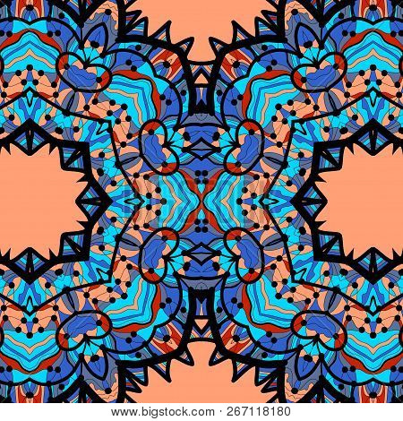Half-full Mandala In Blue Color Over Orange Background.