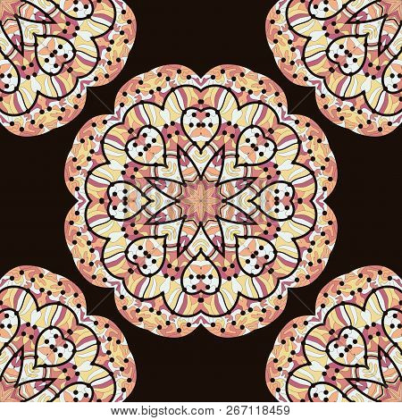 Seamless Kaleidoscopic Mandala, Unusual Design. Round Motif Background