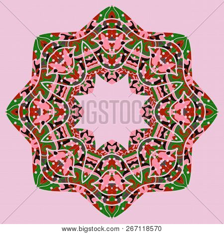 Pink And Green Mandala Motif. Ornate Unusual Design In Tribal Style.