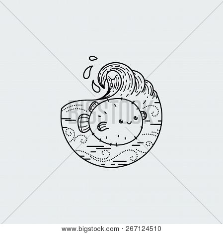 Cute Balloonfish With Wavy Ocean. Nature Exploration Poster Or Label. Modern Flat Linear Vector Illu
