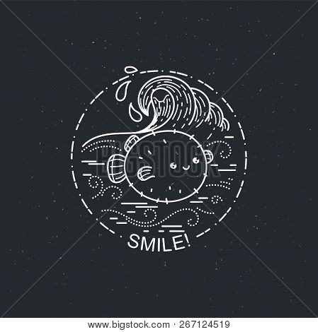 Smile. Cute Balloonfish With Wavy Ocean. Nature Exploration Poster Or Label. Modern Flat Linear Vect