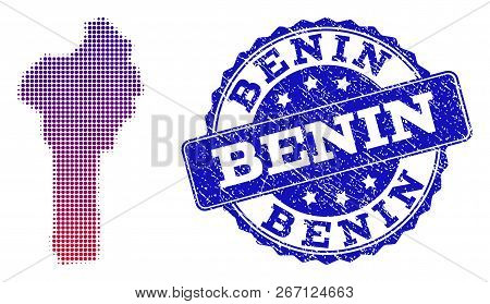 Halftone Dot Map Of Benin And Blue Textured Seal Stamp. Vector Halftone Map Of Benin Constructed Wit