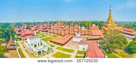 Panoramic View On Royal Palace In Mandalay With Its Beautiful Oriental Styled Buildings And Golden S