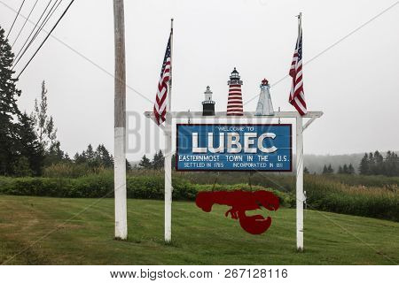 LUBEC, MAINE, USA-JULY 10, 2013: Welcome sign to Lubec in Maine, easternmost town in USA.
