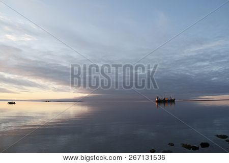 Resupply Cargo Barge On The Waters Of Nunavut Near The Community Of Baker Lake In The Kivalliq Regio
