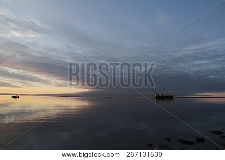 Resupply Cargo Barge On The Waters Of Nunavut Near The Community Of Baker Lake In The Kivalliq Regio