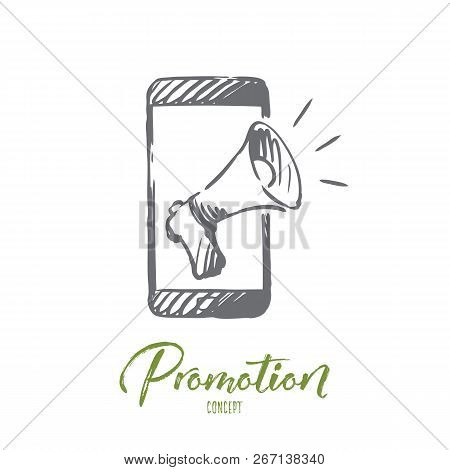 Promotion, Mobile Phone, Advertising, Speaker Concept. Hand Drawn Smartphone And Megaphone For Promo