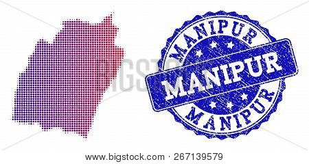Halftone Dot Map Of Manipur State And Blue Grunge Seal Stamp. Vector Halftone Map Of Manipur State D