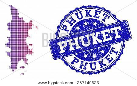 Halftone Dot Map Of Phuket And Blue Rubber Seal. Vector Halftone Map Of Phuket Designed With Regular