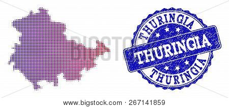 Halftone Dot Map Of Thuringia State And Blue Unclean Seal. Vector Halftone Map Of Thuringia State Co