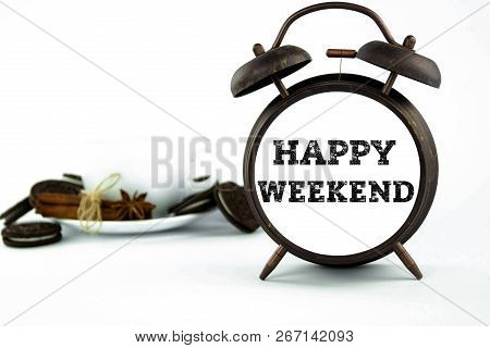 Alarm Clock And Coffee With Cookies On White Background