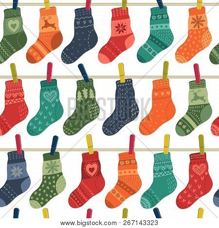 Pattern From Warm Socks Set Hanging On The Rope. Vector Illustration
