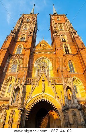 Vertical Front View Of The Facade Of St. John The Baptist Cathedral At Sunset In Wroclaw, Lower Sile