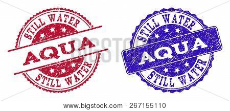 Grunge Aqua Seal Stamps In Blue And Red Colors. Stamps Have Distress Style. Vector Rubber Imitation 