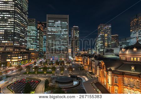 Tokyo Station Building At Twilight Time. View Of Tokyo Station At The Marunouchi Business District, 