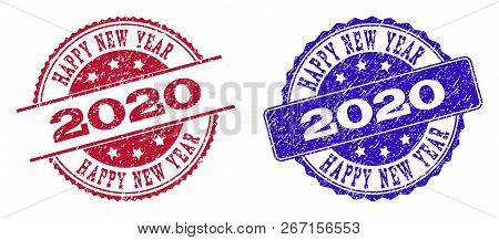 Grunge Happy New Year 2020 Seal Stamps In Blue And Red Colors. Stamps Have Draft Surface. Vector Rub