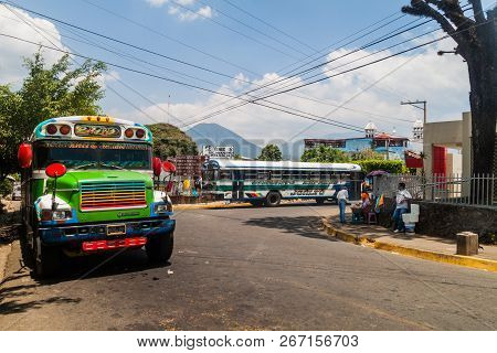 Juayua, El Salvador - April 3, 2016: Colourful Chicken Buses, Former Us School Buses, In Juayua Vill