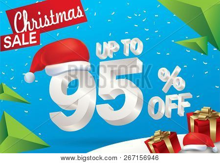 Christmas Sale 95 Percent. Winter Sale Background With 3d Ice Text With Hat Santa Claus Banner And S