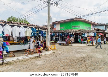 Concepcion De Ataco, El Salvador - April 3, 2016: Clothing Stalls Line The Streets Of Concepcion De 