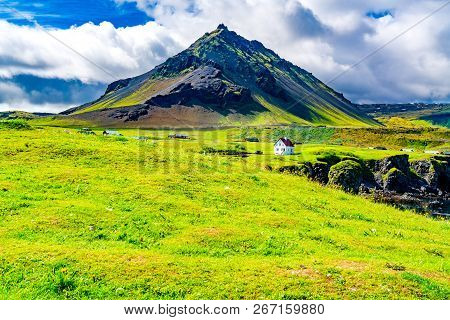 View Of The Field Of Flowers, The Houses Of Arnarstapi Village And The Stapafell Mountain In West Ic