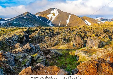 Landscape Of The Beautiful Mountain And The Rocky Field At Landmannalaugar In Highland Of Iceland
