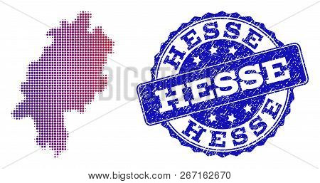 Halftone Dot Map Of Hesse State And Blue Rubber Seal Stamp. Vector Halftone Map Of Hesse State Const