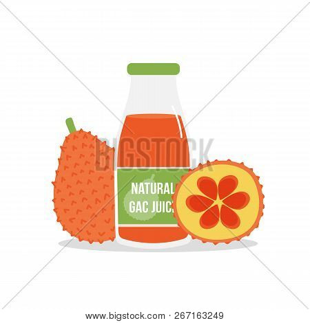 Cute Cartoon Vector Illustration Of Gac Fruit Or Baby Jack Fruit And Bottle Of Juice, Trendy Asian S