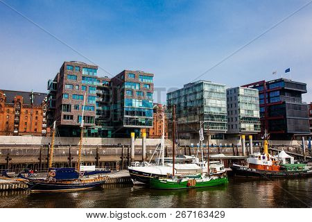 Hamburg, Germany - March, 2018: The Traditional Port Sandtorhafen In The Hafencity