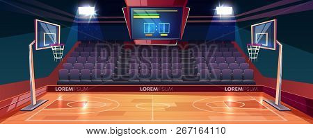 Basketball Court With Wooden Floor, Scoreboard On Ceiling And Empty Fan Sector Seats Cartoon Vector 