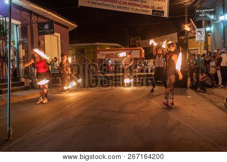 Esteli, Nicaragua - April 23, 2016: Artists During Their Fireshow In Esteli