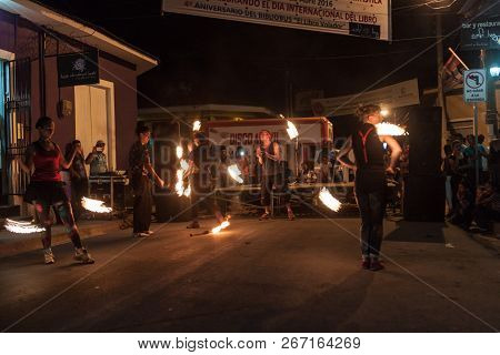Esteli, Nicaragua - April 23, 2016: Artists During Their Fireshow In Esteli