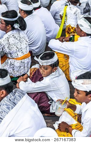Bali, Indonesia - October 9, 2018: Balinese Boy In Traditional Clothes On Culture Ceremony, Ubud, Gi