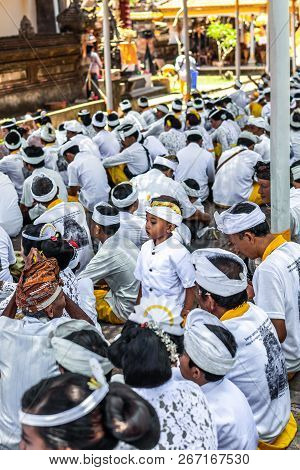 Bali, Indonesia - October 9, 2018: Balinese Boy In Traditional Clothes On Culture Ceremony, Ubud, Gi