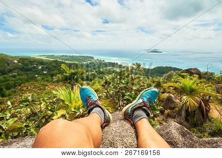 Adventure Man Hiking On Chenard Mountain, Praslin, Seychelles