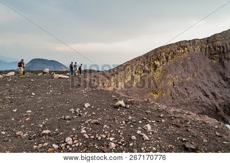 Telica, Nicargaua - April 26, 2016: Tourists At The Rim Of Telica Volcano Crater, Nicaragua