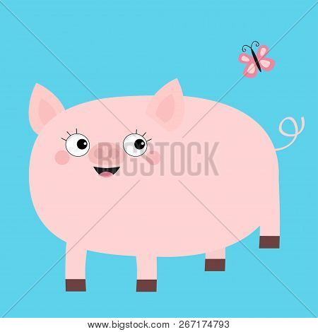 Pink Pig Looking At Butterfly. Smiling Face. Cute Cartoon Funny Baby Character. Hog Swine Sow Animal