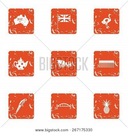 Green Landmass Icons Set. Grunge Set Of 9 Green Landmass Vector Icons For Web Isolated On White Back