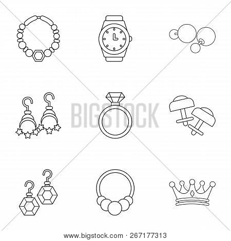 Princely Jewellery Icons Set. Outline Set Of 9 Princely Jewellery Vector Icons For Web Isolated On W